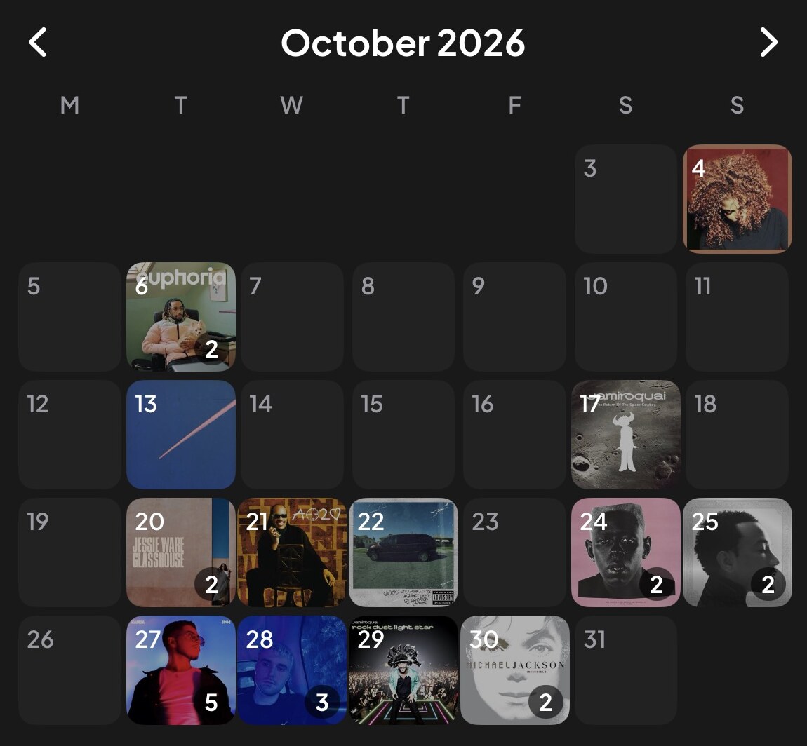 The birthdays calendar for October: each day that had a release carries that record's artwork.