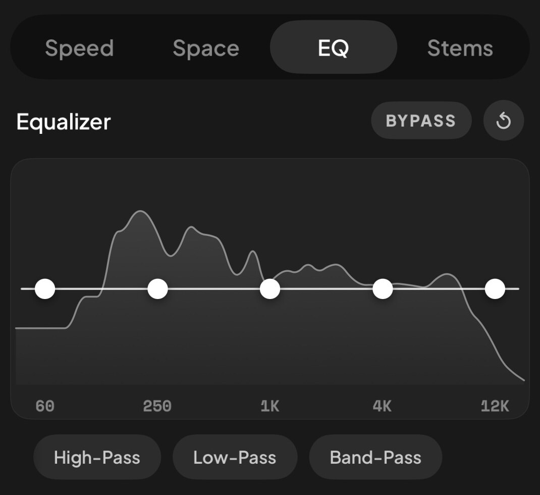 The effects sheet on its EQ tab: five bands over a live spectrum, with Speed, Space and Stems tabs beside it.