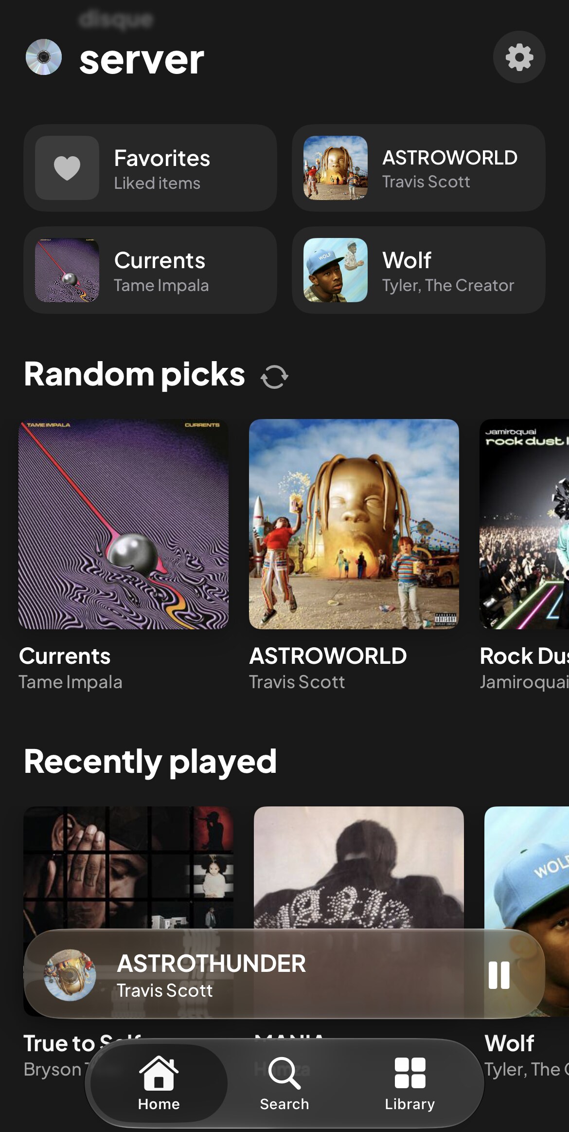 The server's home: favourites, random picks and recently played albums, with the mini player still going above the tab bar.