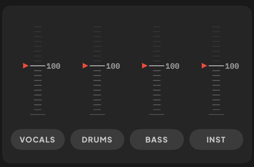 The stem mixer: four faders labelled vocals, drums, bass and inst, each at full level.